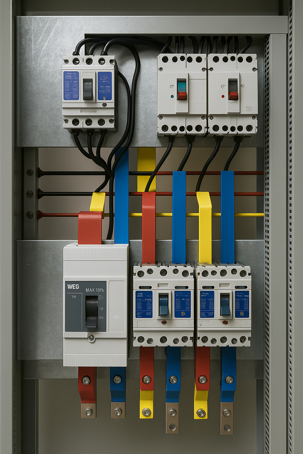تابلو  اصلی ساختمان‌های درمانگاه مدافعان آسمان و چنج آور ( برق شهر و ژنراتور ) اتوماتیک با کلیدهای موتور دار